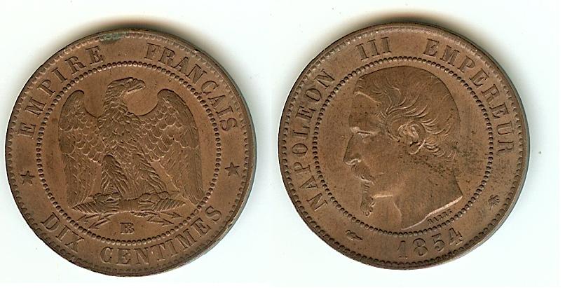 Dix centimes Napoléon III, tête nue 1854 Strasbourg SUP à SPL-
